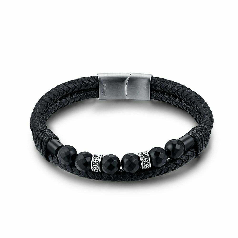 Bracelets | Stainless Steel Bracelet, 2 Rows Of Braided Black Leather, 6 Black Balls Bracelets Bracelets