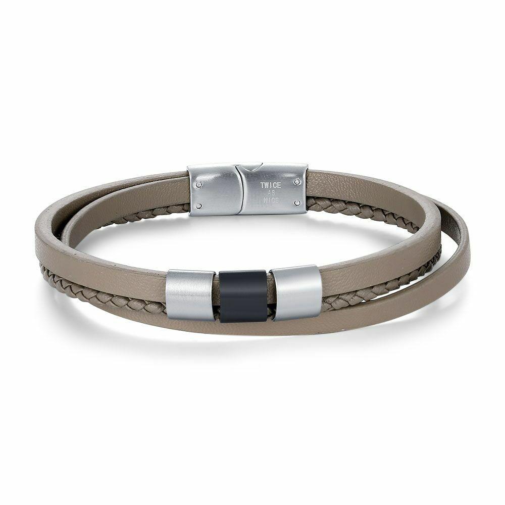 Bracelets | Stainless Steel Bracelet, 3 Rows Of Leather, Grey, Matt Steel Bracelets Bracelets