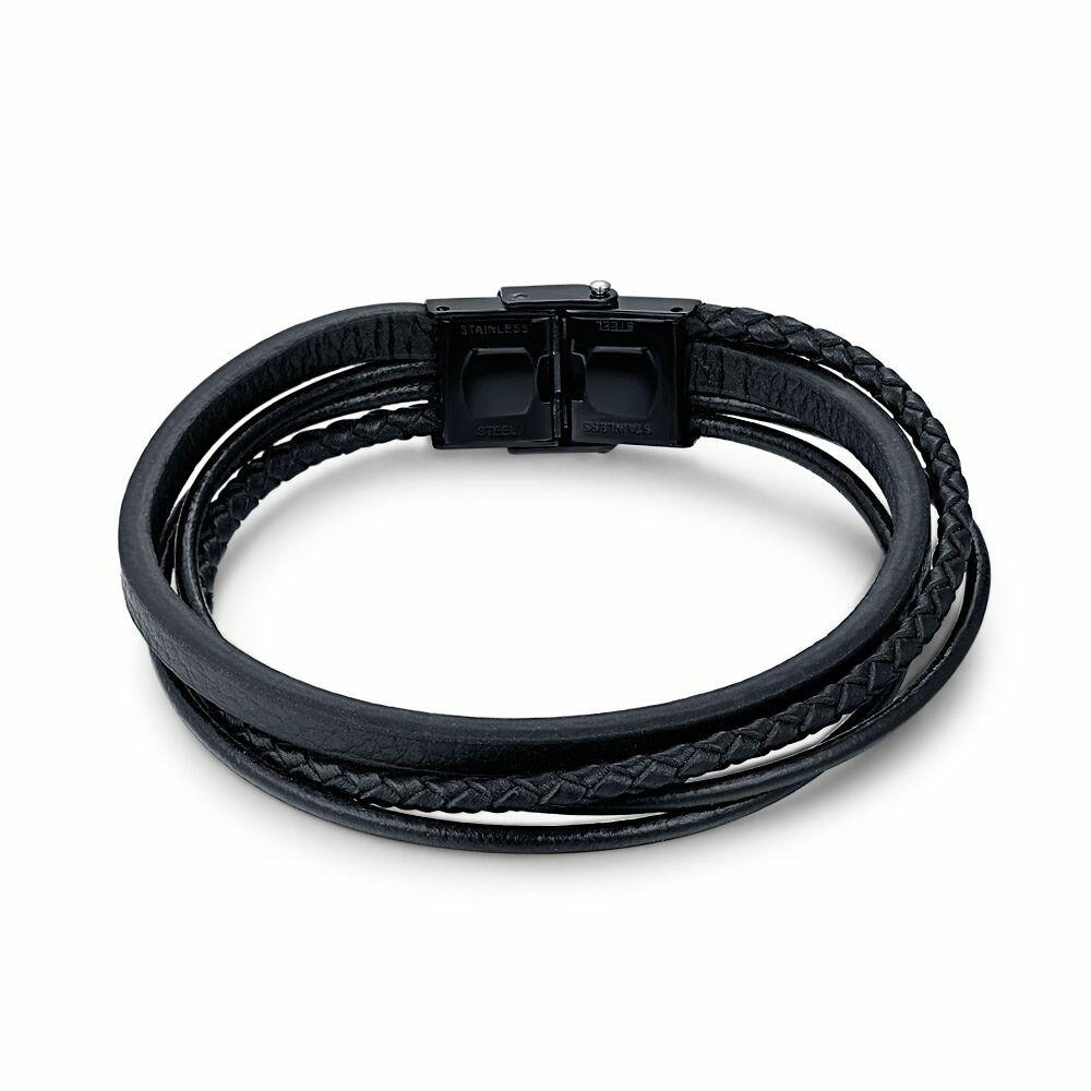 Bracelets | Stainless Steel Bracelet, 4 Rows, Black Leather Bracelets Bracelets