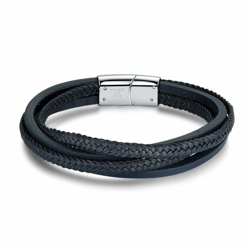 Bracelets | Stainless Steel Bracelet, 4 Rows Of Blue Leather Bracelets Bracelets