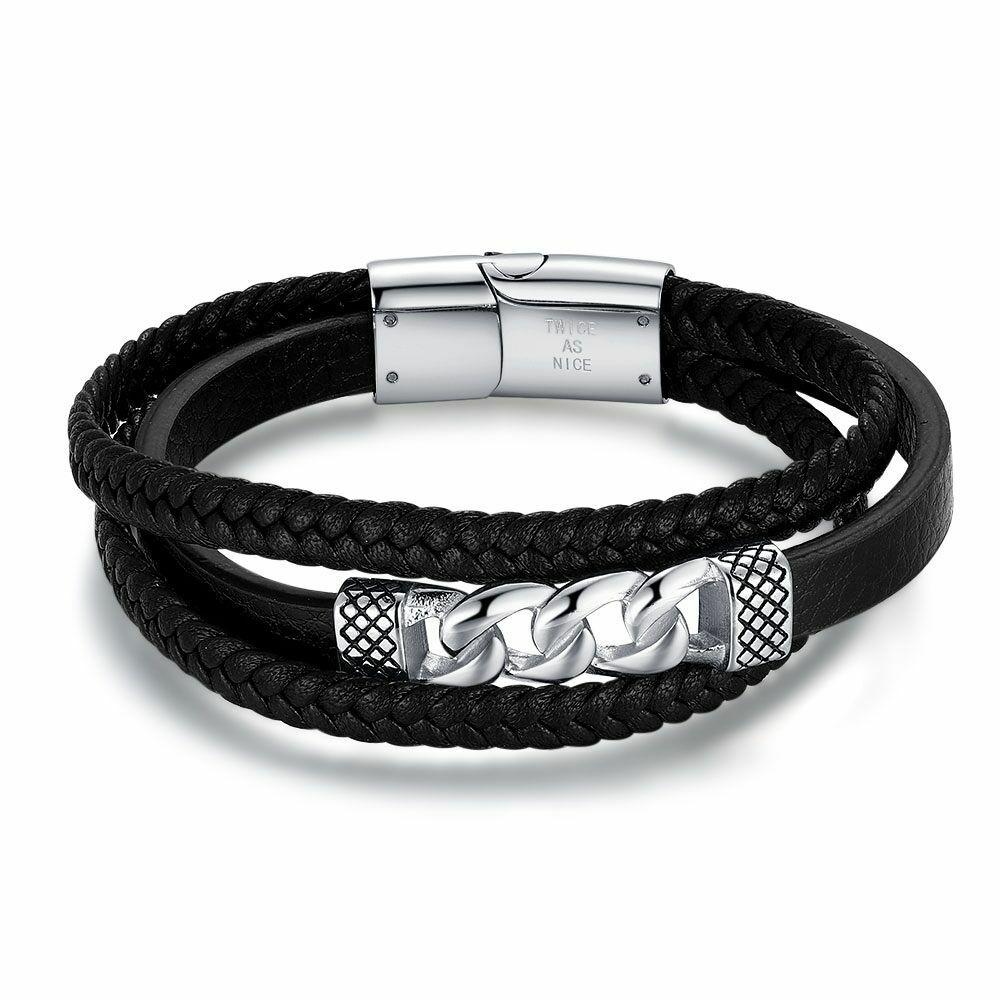 Bracelets | Stainless Steel Bracelet, Black Leather And Gourmet Link Mens Bracelets