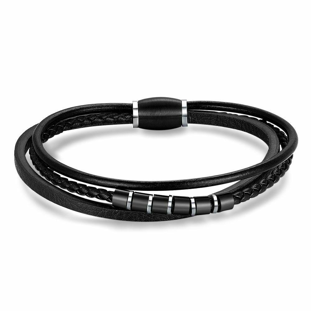 Bracelets | Stainless Steel Bracelet, Black Leather And Mat Steel Bracelets Bracelets