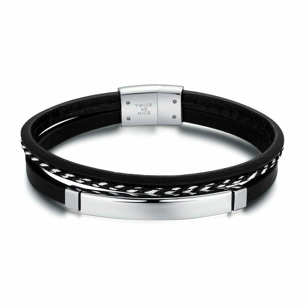 Bracelets | Stainless Steel Bracelet, Black Leather And White Cord Bracelets Bracelets