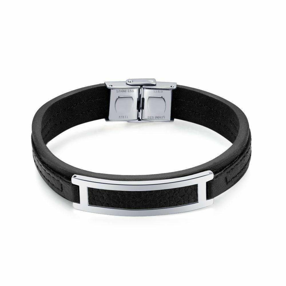 Bracelets | Stainless Steel Bracelet, Black Leather, Central Motif Bracelets Bracelets