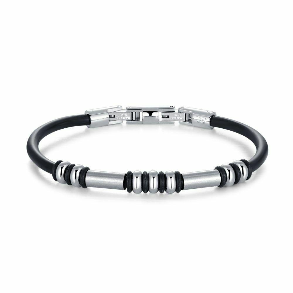 Bracelets | Stainless Steel Bracelet, Black Leather, Matte And Shiny Steel Bracelets Bracelets