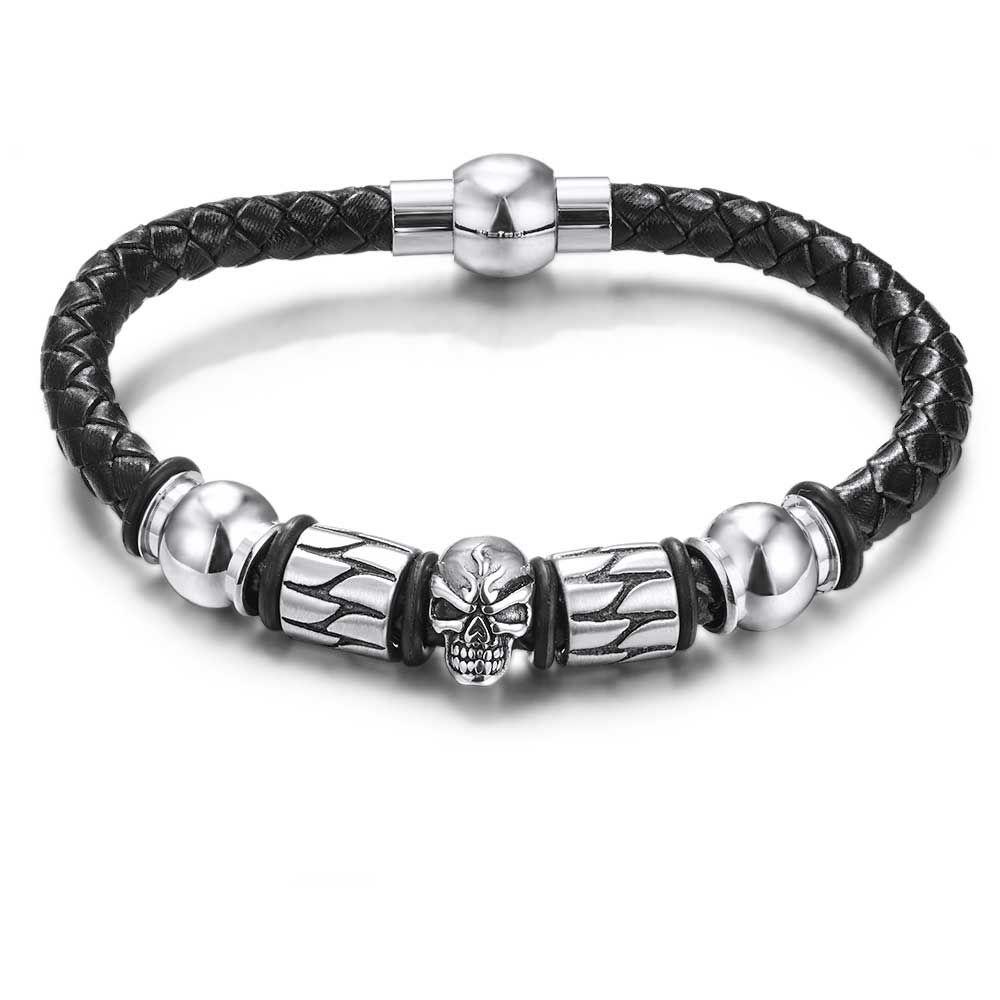 Bracelets | Stainless Steel Bracelet, Braided Black Leather And Skull Bracelets Bracelets