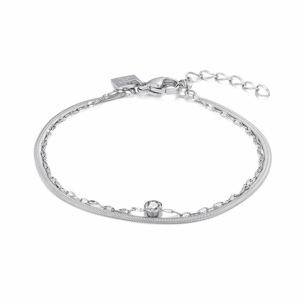 Bracelets | Stainless Steel Bracelet, Double Chain, Oval Links With One Zirconia, Snake Chain Bracelets Bracelets