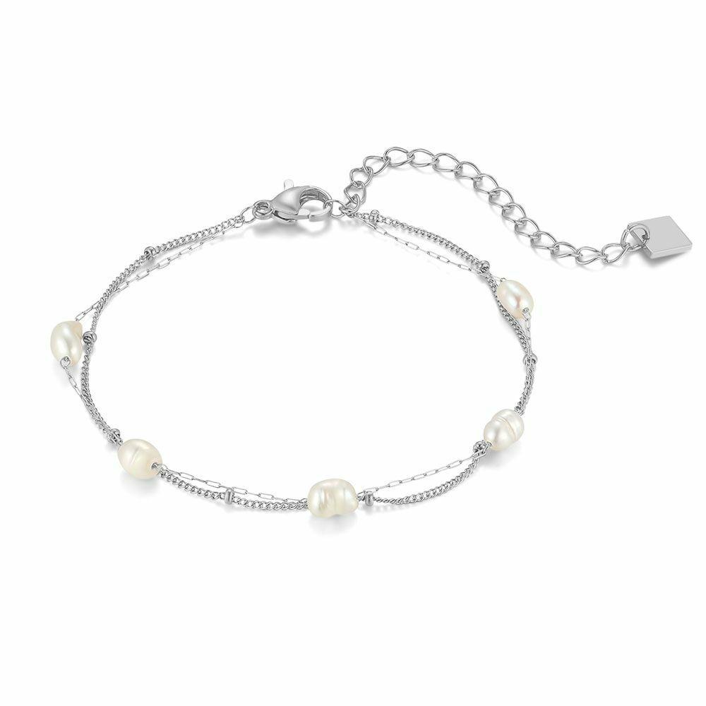 Bracelets | Stainless Steel Bracelet, Double Chain With 5 Freshwater Pearls Bracelets Bracelets