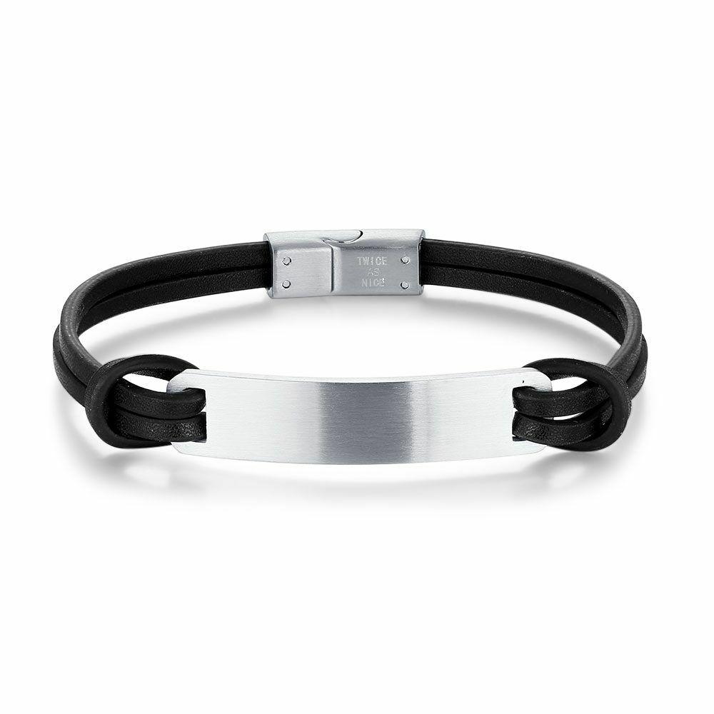 Bracelets | Stainless Steel Bracelet, Double Cuir Noir, Plaque Mate Bracelets Bracelets