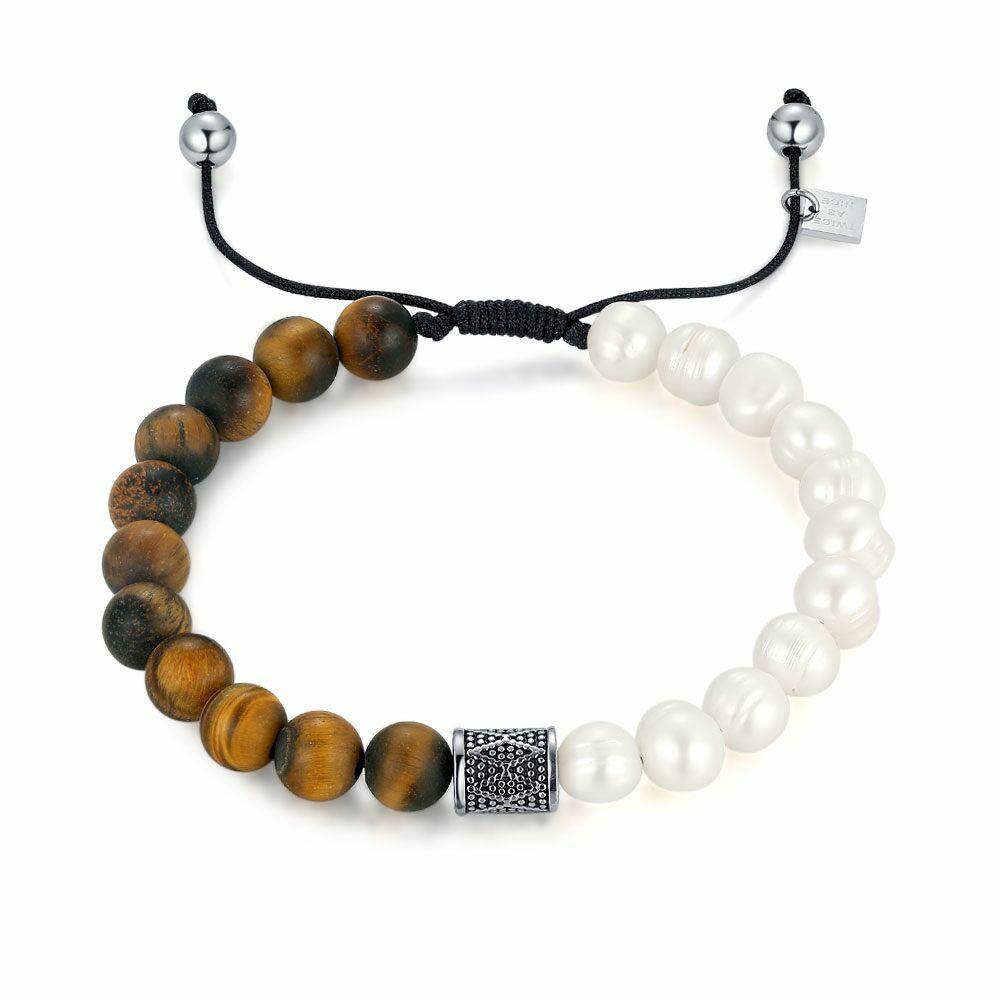 Bracelets | Stainless Steel Bracelet, Fresh Water Pearls And Brown Tiger Eye Stones, Black Adjustable Cord. Bracelets Bracelets