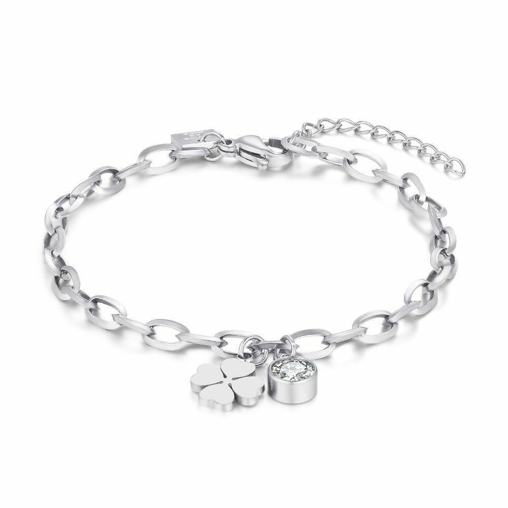 Bracelets | Stainless Steel Bracelet, Oval Links, Clover, 1 Crystal Bracelets Bracelets