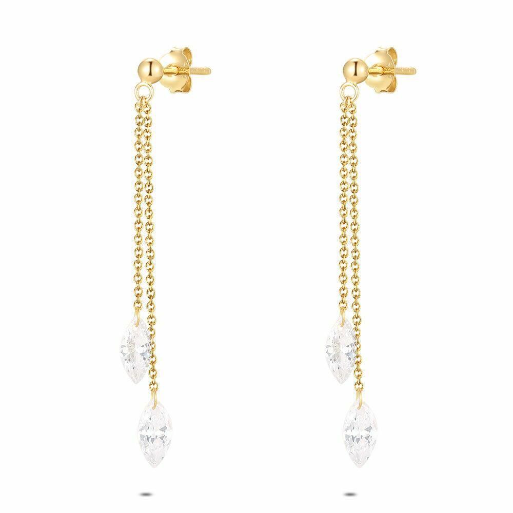 Earrings | 18Ct Gold Plated Silver Earrings, 2 Chains, 2 Stones Earrings Earrings