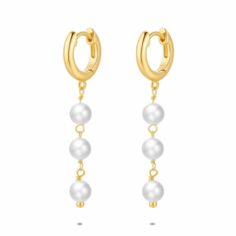 Earrings | 18Ct Gold Plated Silver Earrings, 3 Pearls Earrings Earrings