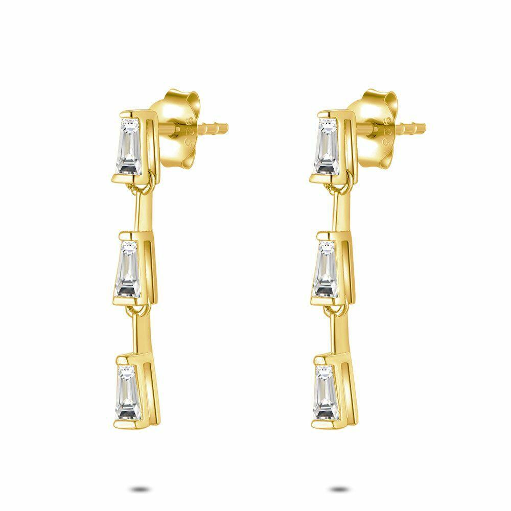 Earrings | 18Ct Gold Plated Silver Earrings, 3 Trapezia Zirconia Earrings Earrings