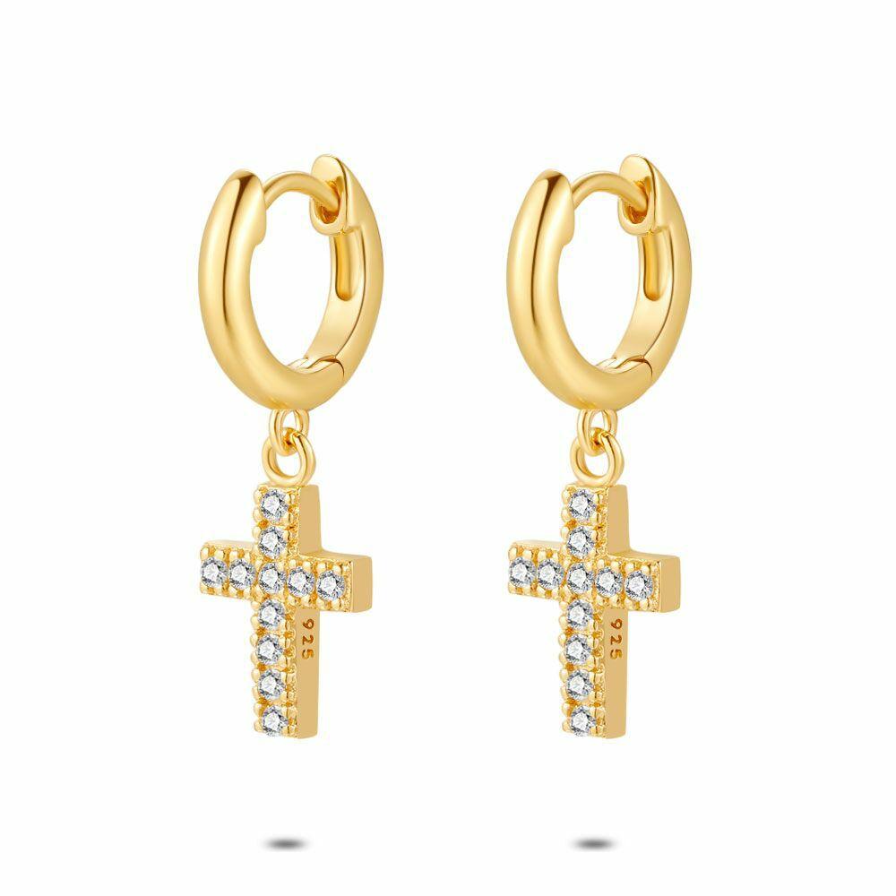 Earrings | 18Ct Gold Plated Silver Earrings, Cross, Zirconia Earrings Earrings