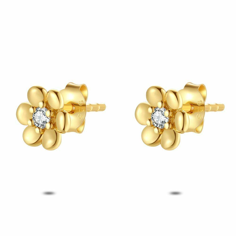 Earrings | 18Ct Gold Plated Silver Earrings, Flower, 1 Zirconia Earrings Earrings