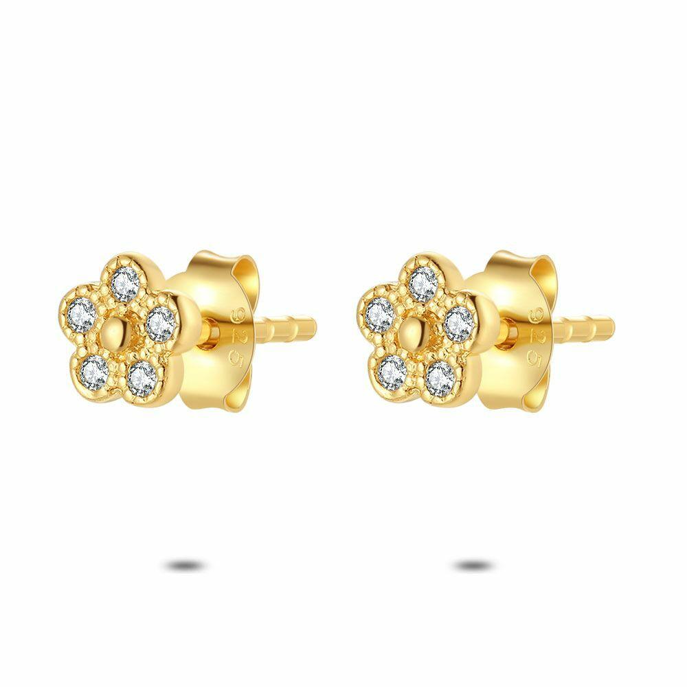 Earrings | 18Ct Gold Plated Silver Earrings, Flower, 5 Zirconia Earrings Earrings