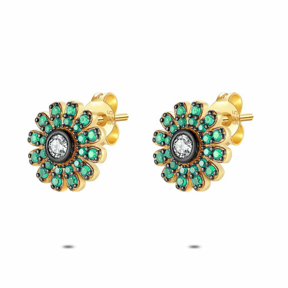 Earrings | 18Ct Gold Plated Silver Earrings, Flower, Green And White Earrings Earrings