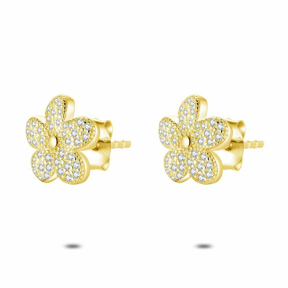 Earrings | 18Ct Gold Plated Silver Earrings, Flower, Zirconia Earrings Earrings