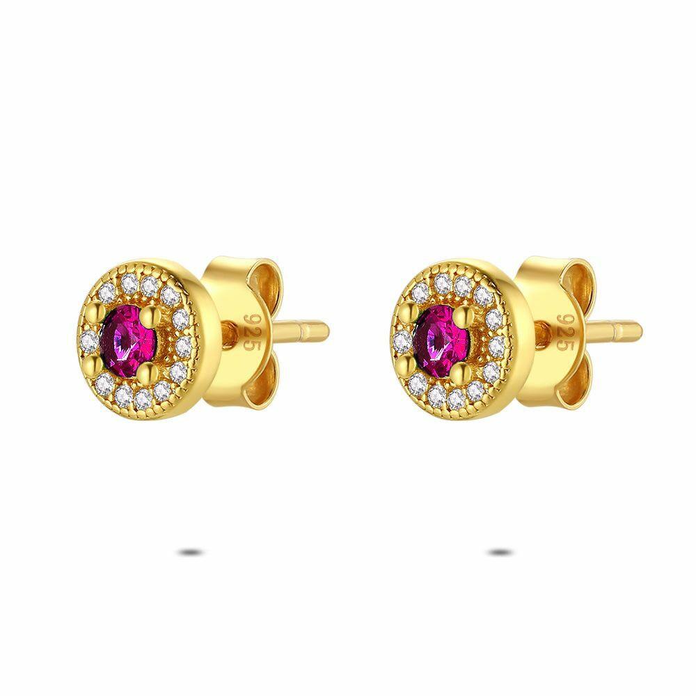 Earrings | 18Ct Gold Plated Silver Earrings, Fuchsia And White Stones Earrings Earrings