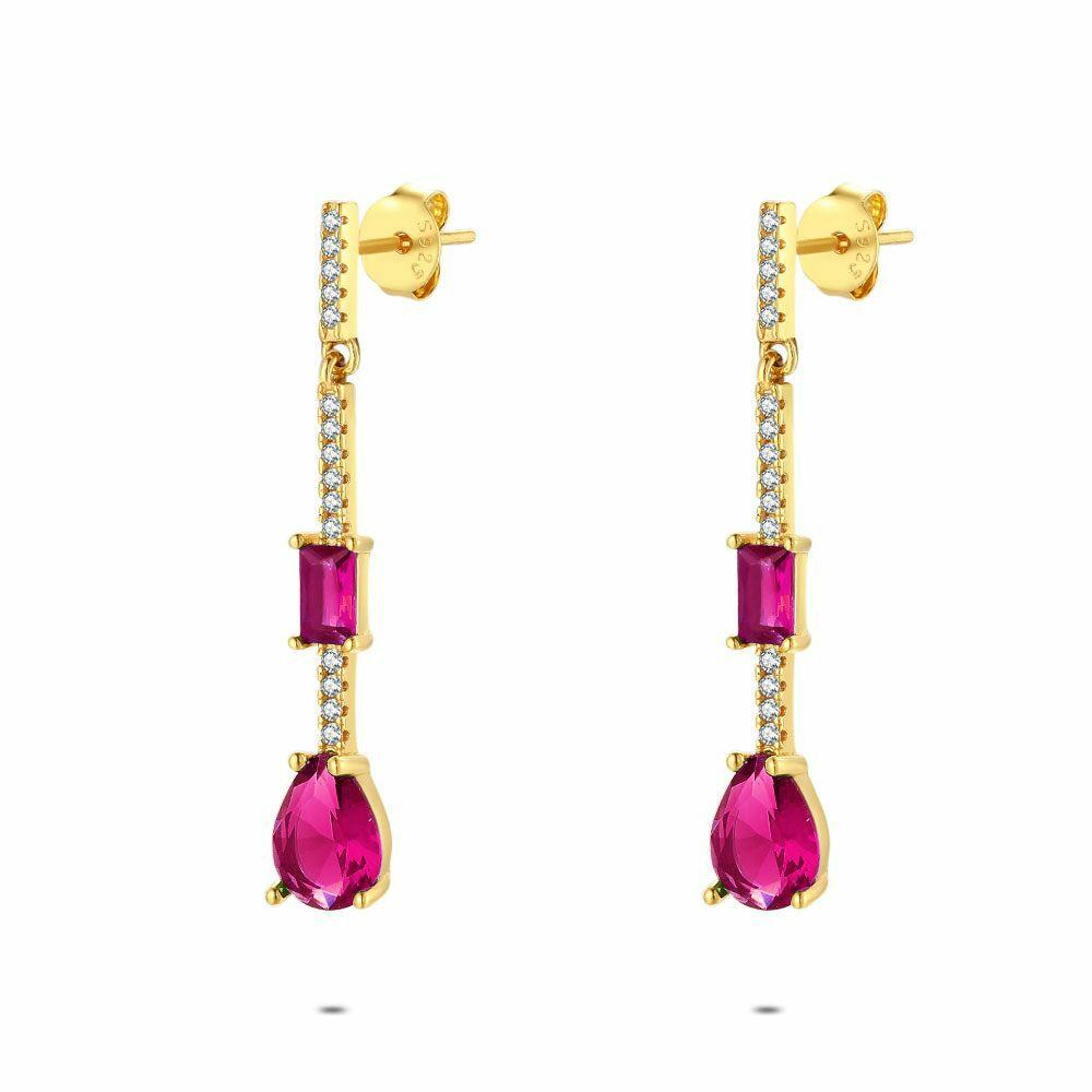 Earrings | 18Ct Gold Plated Silver Earrings, Fuchsia And White Stones Earrings Earrings