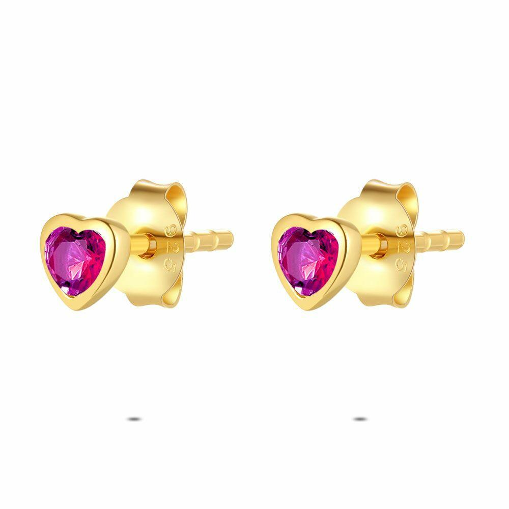 Earrings | 18Ct Gold Plated Silver Earrings, Fuchsia Heart Earrings Earrings