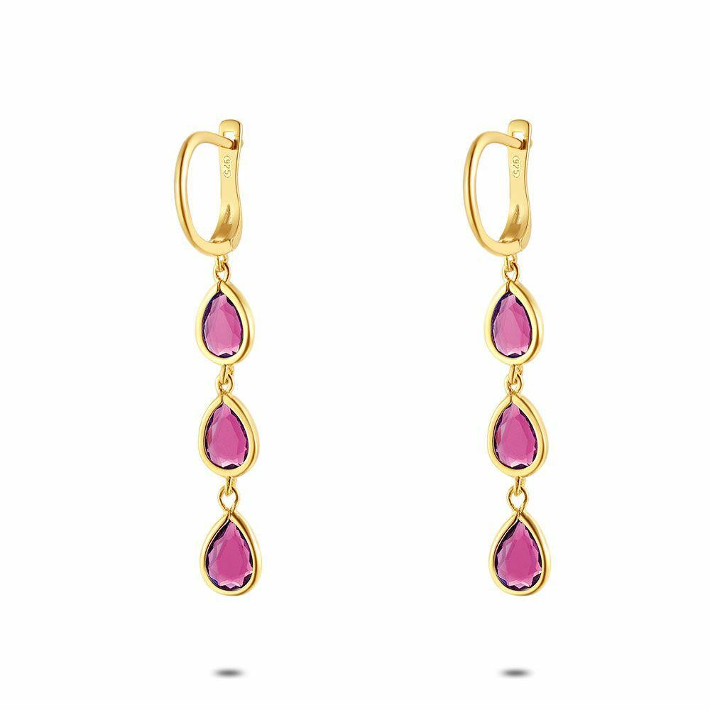 Earrings | 18Ct Gold Plated Silver Earrings, Fuchsia Zirconia Earrings Earrings