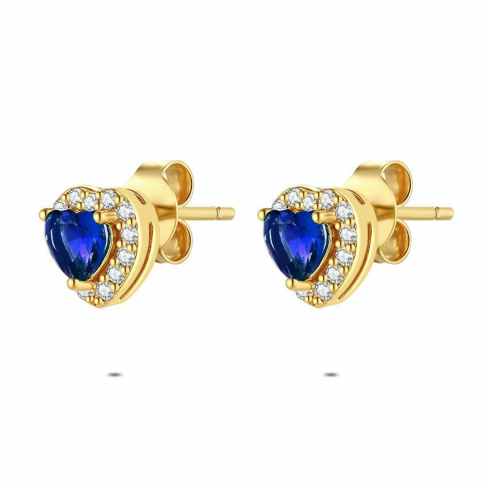 Earrings | 18Ct Gold Plated Silver Earrings, Heart, Blue And White Earrings Earrings