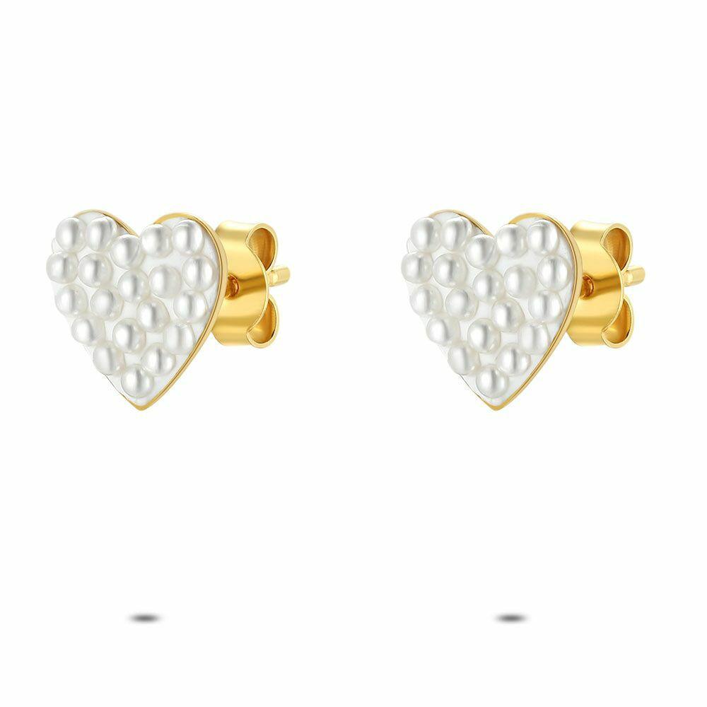 Earrings | 18Ct Gold Plated Silver Earrings, Heart, Micro Pearls Earrings Earrings