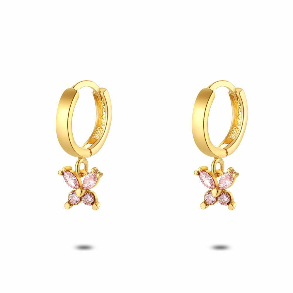 Earrings | 18Ct Gold Plated Silver Earrings, Hoop, Butterfly, Pink Zirconia Earrings Earrings