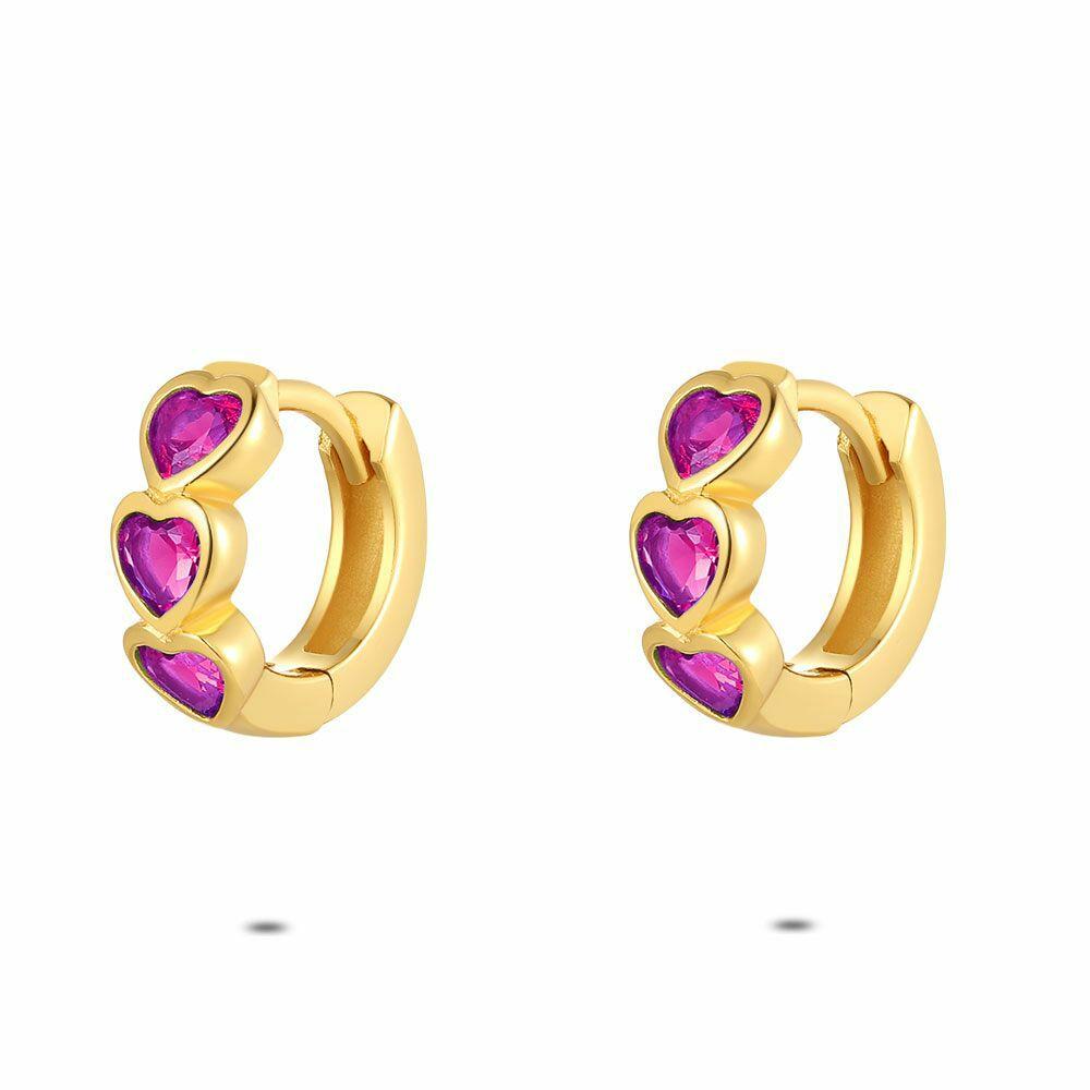 Earrings | 18Ct Gold Plated Silver Earrings, Hoop, Fuchsia Hearts Earrings Earrings