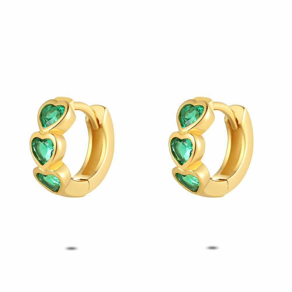 Earrings | 18Ct Gold Plated Silver Earrings, Hoop, Green Hearts Earrings Earrings