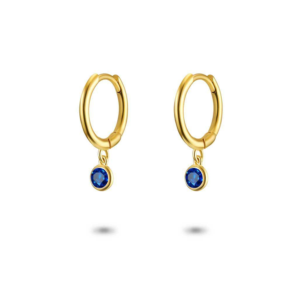 Earrings | 18Ct Gold Plated Silver Earrings, Hoop, Hanging Blue Zirconia, Round Earrings Earrings