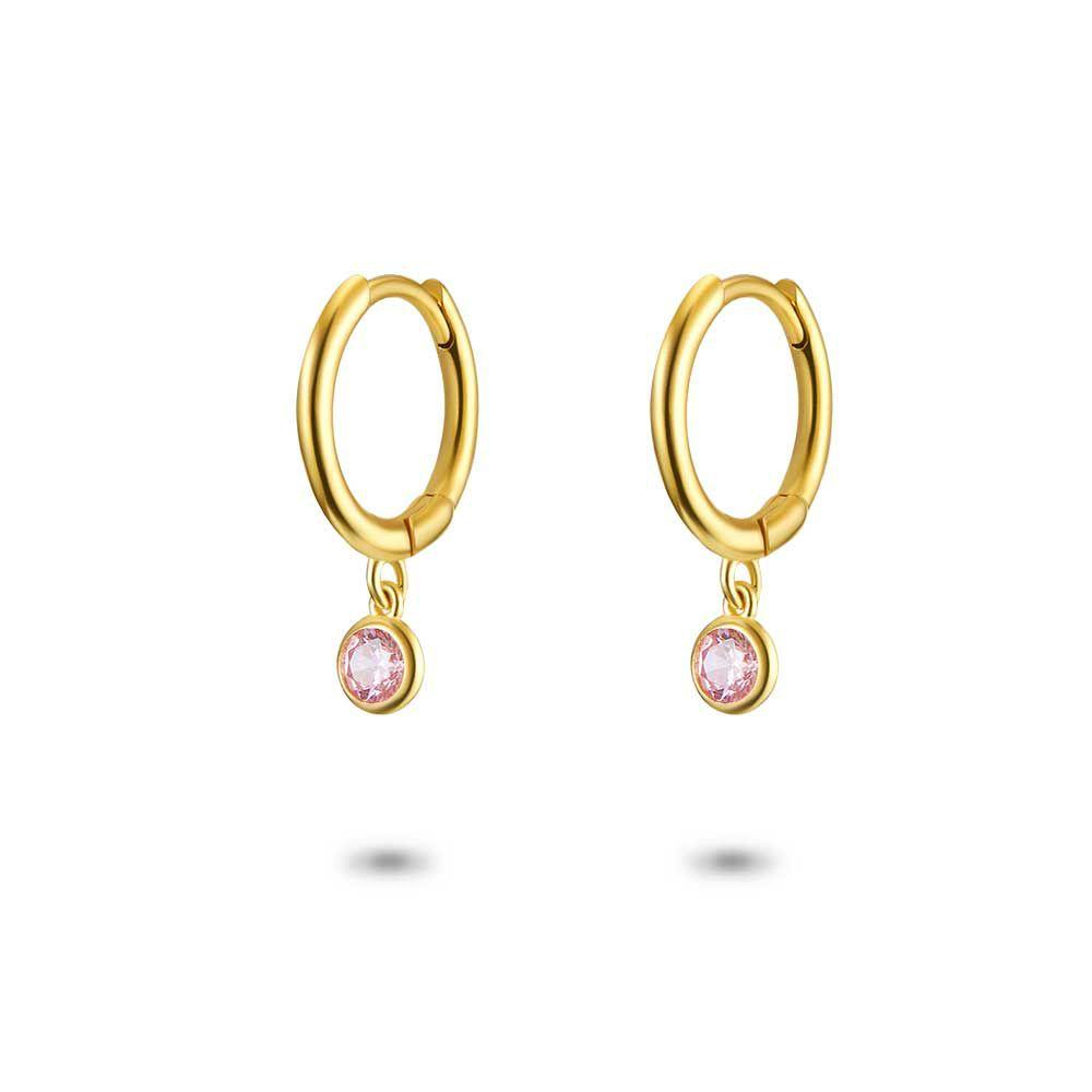 Earrings | 18Ct Gold Plated Silver Earrings, Hoop, Hanging Pink Zirconia, Round Earrings Earrings