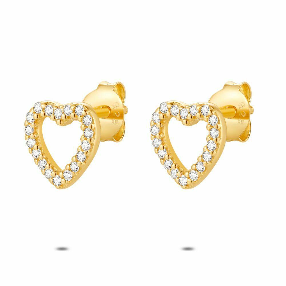 Earrings | 18Ct Gold Plated Silver Earrings, Open Heart, Zirconia Earrings Earrings