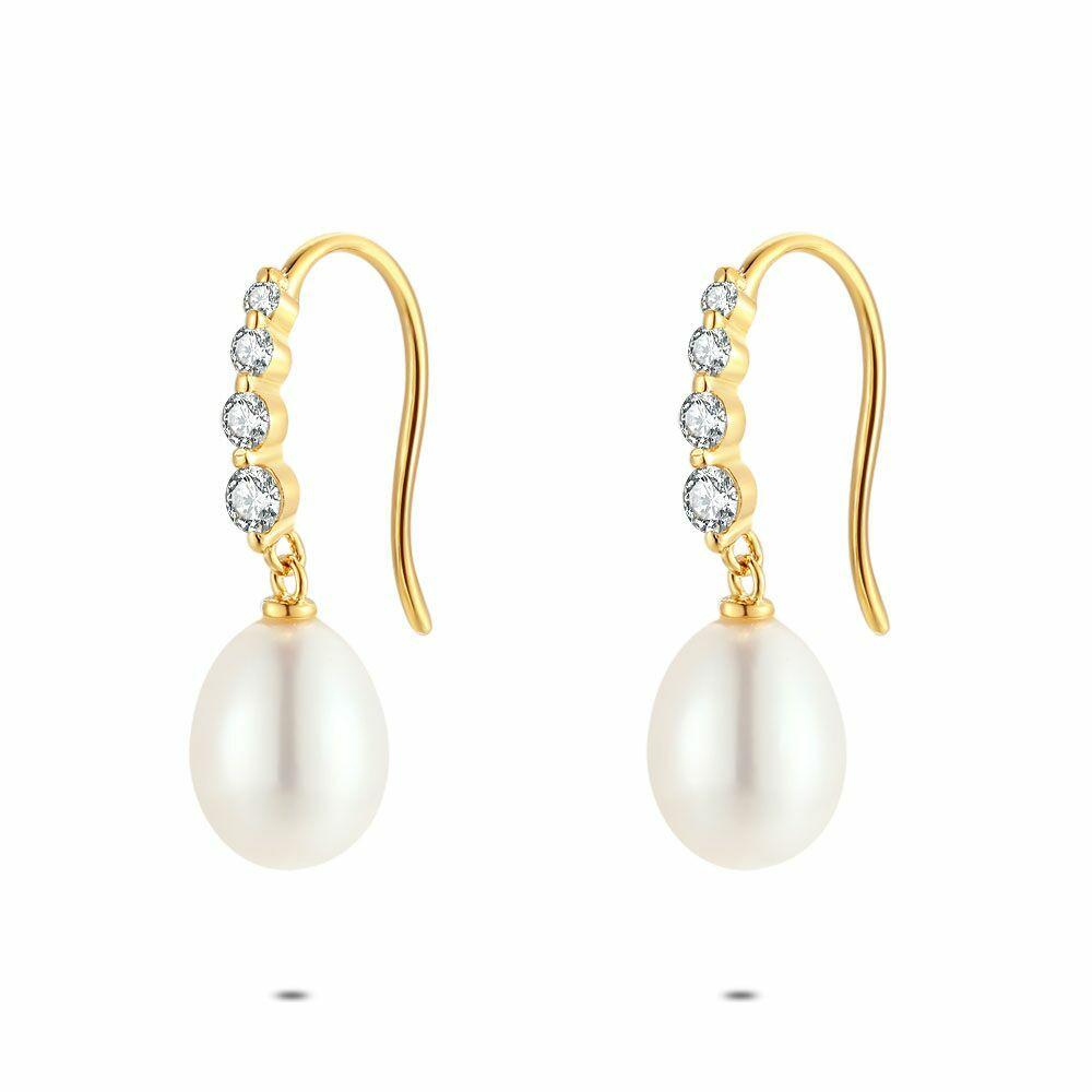 Earrings | 18Ct Gold Plated Silver Earrings, Pearl, Hook With Stones Earrings Earrings