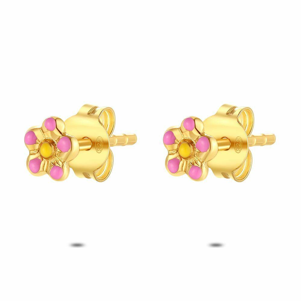 Earrings | 18Ct Gold Plated Silver Earrings, Pink And Yellow Flower Earrings Earrings