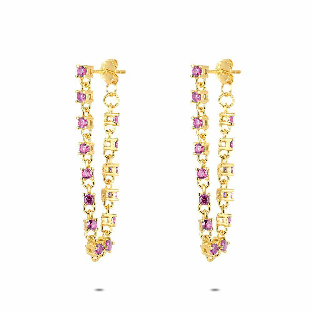 Earrings | 18Ct Gold Plated Silver Earrings, Pink Stones Earrings Earrings