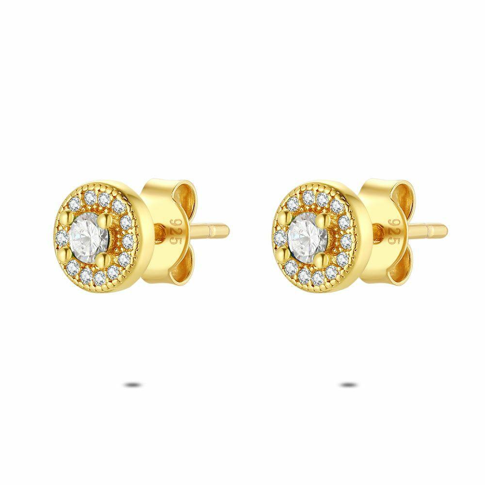 Earrings | 18Ct Gold Plated Silver Earrings, Round Surrounded Stone Earrings Earrings