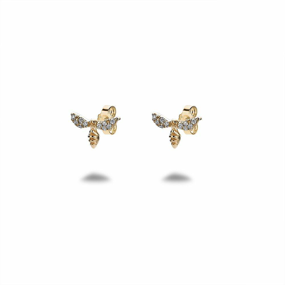 Earrings | 18Ct Gold Plated Silver Earrings, Small Bee In Zirconia Earrings Earrings