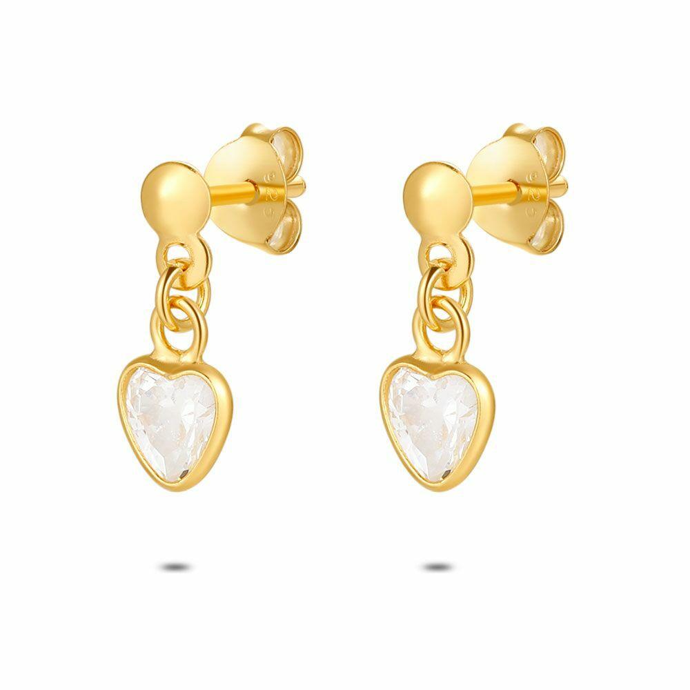 Earrings | 18Ct Gold Plated Silver Earrings, Small Heart, Zirconia Earrings Earrings