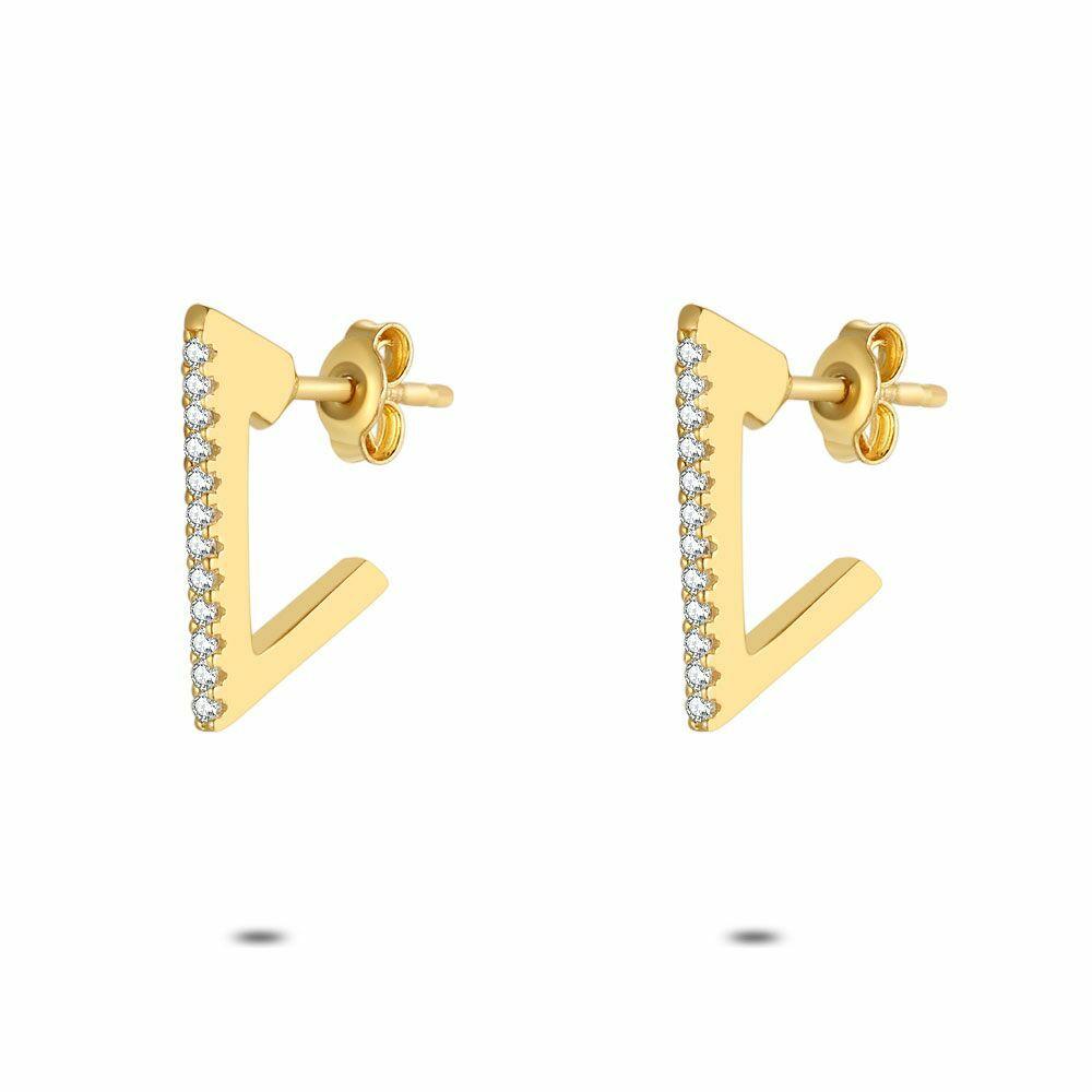 Earrings | 18Ct Gold Plated Silver Earrings, Triangle, Zirconia Earrings Earrings