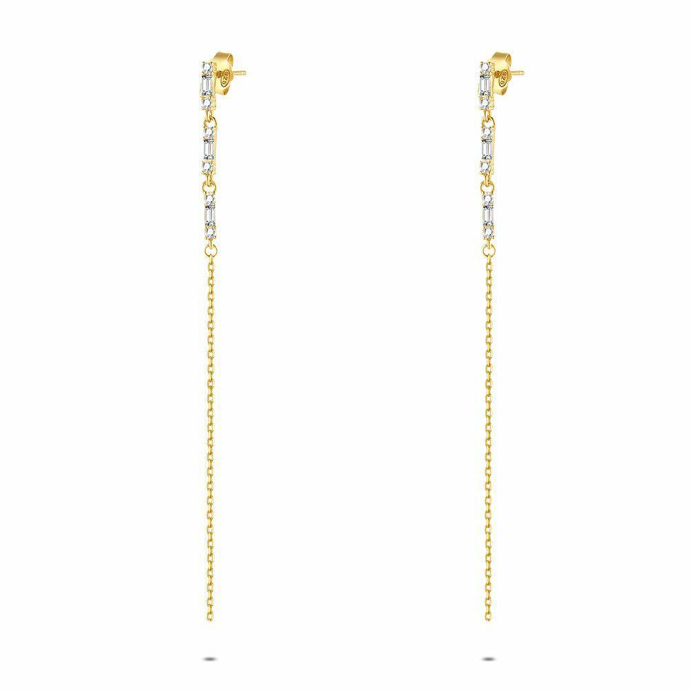 Earrings | 18Ct Gold Plated Silver Earrings, Zirconia And Chain Earrings Earrings