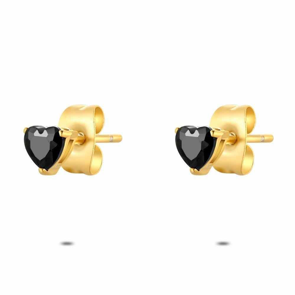 Earrings | Gold Coloured Stainless Steel Earrings, Black Heart Earrings Earrings