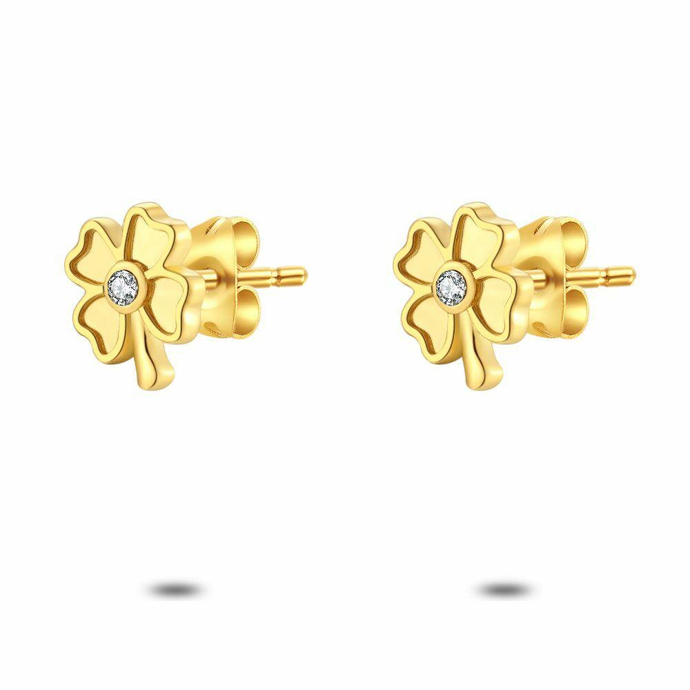 Earrings | Gold Coloured Stainless Steel Earrings, Clover, 1 Zirconia Earrings Earrings