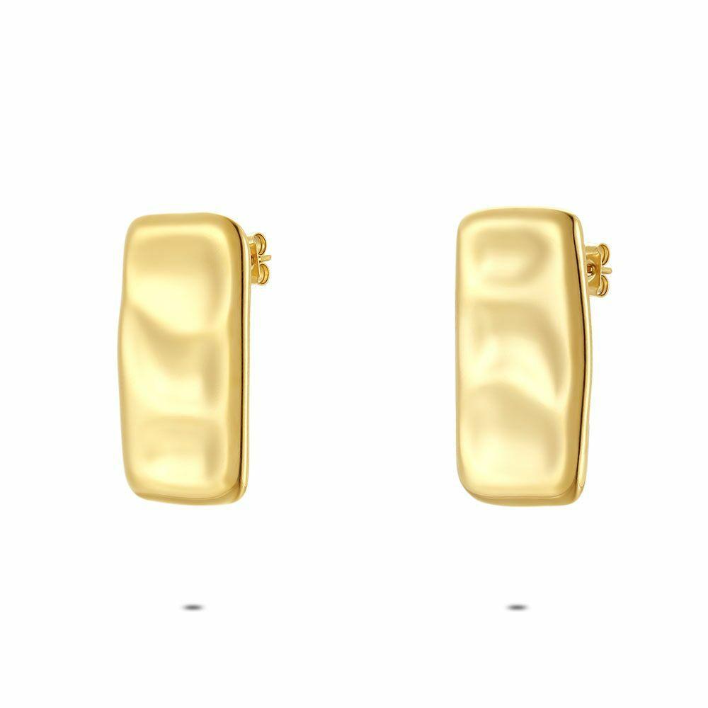 Earrings | Gold Coloured Stainless Steel Earrings, Dented Rectangle Earrings Earrings