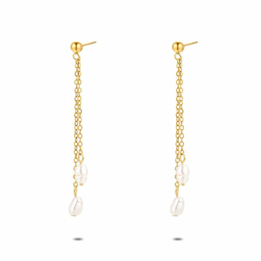 Earrings | Gold Coloured Stainless Steel Earrings, Double Chain, Pearls Earrings Earrings