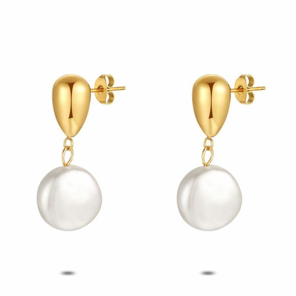 Earrings | Gold Coloured Stainless Steel Earrings, Drop And Pearl Earrings Earrings