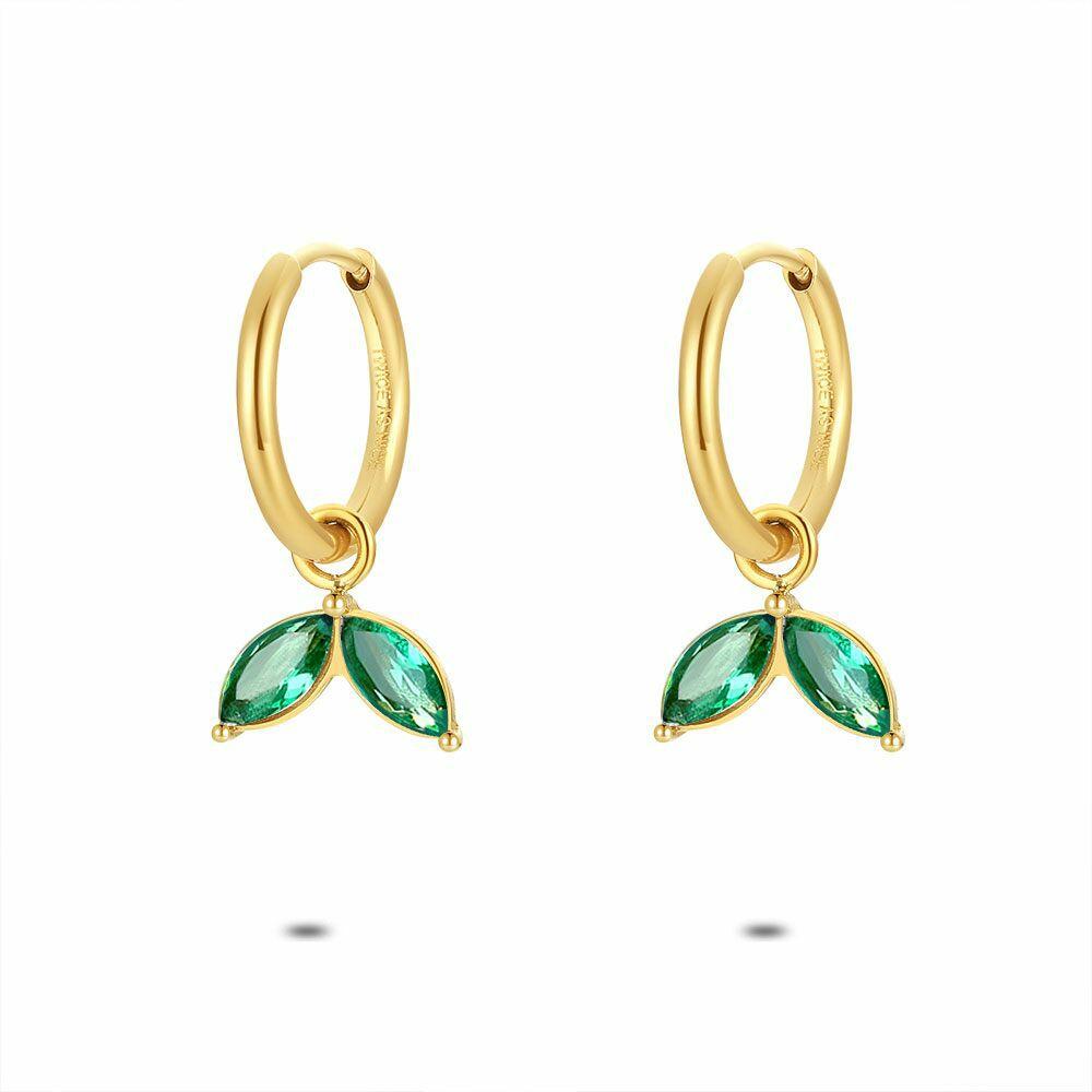 Earrings | Gold Coloured Stainless Steel Earrings, Hoop Earring, Green Zirconia Earrings Earrings