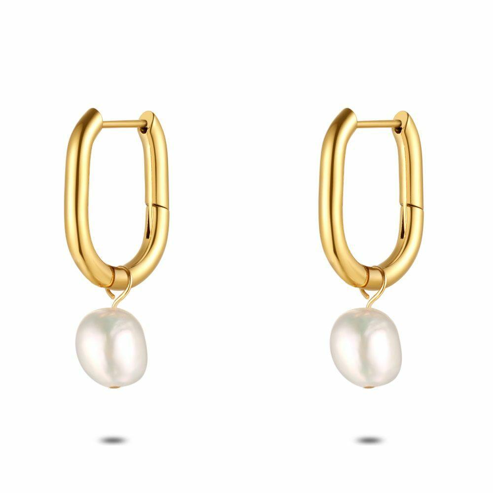 Earrings | Gold Coloured Stainless Steel Earrings, Hoop Earring, Pearl Earrings Earrings